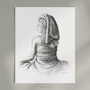 Woman Art Print, Black and White Feminine Wall Art - Charcoal Drawing Woman in a Towel - Giclee Print | LONG DAY by Aga Szafranska