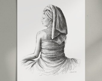 Feminine Charcoal Drawing Art Minimalist Black and White Woman Figure Sketch Print