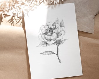 Flower Art, Peony Print, Black and White Sketch, Minimalist Drawing, Floral Decor, Modern Rustic Decor, Paper or Canvas, Printed Shipped