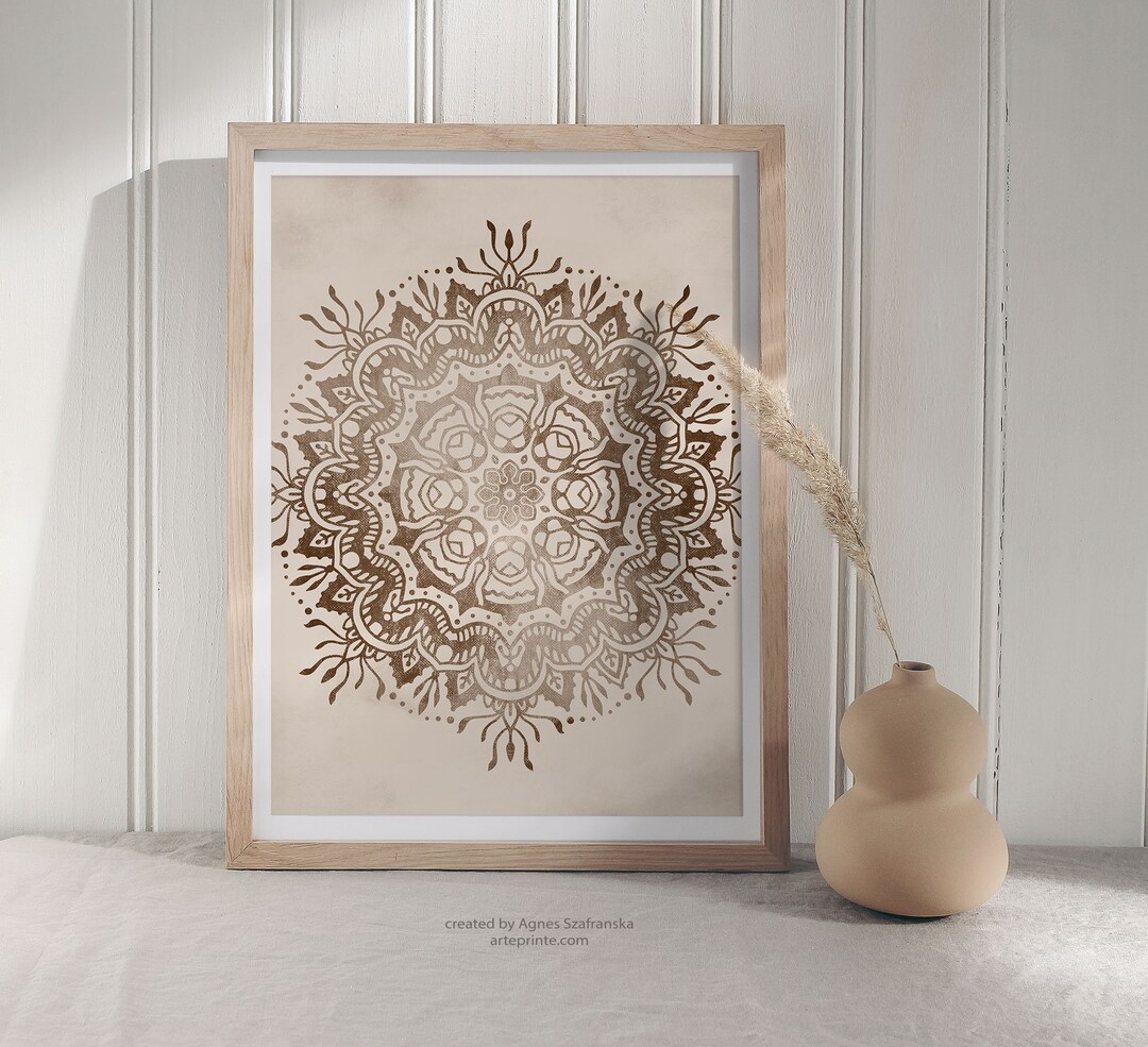 Beige Brown Boho Mandala Wall Art Print, Neutral Bedroom Living Room ...