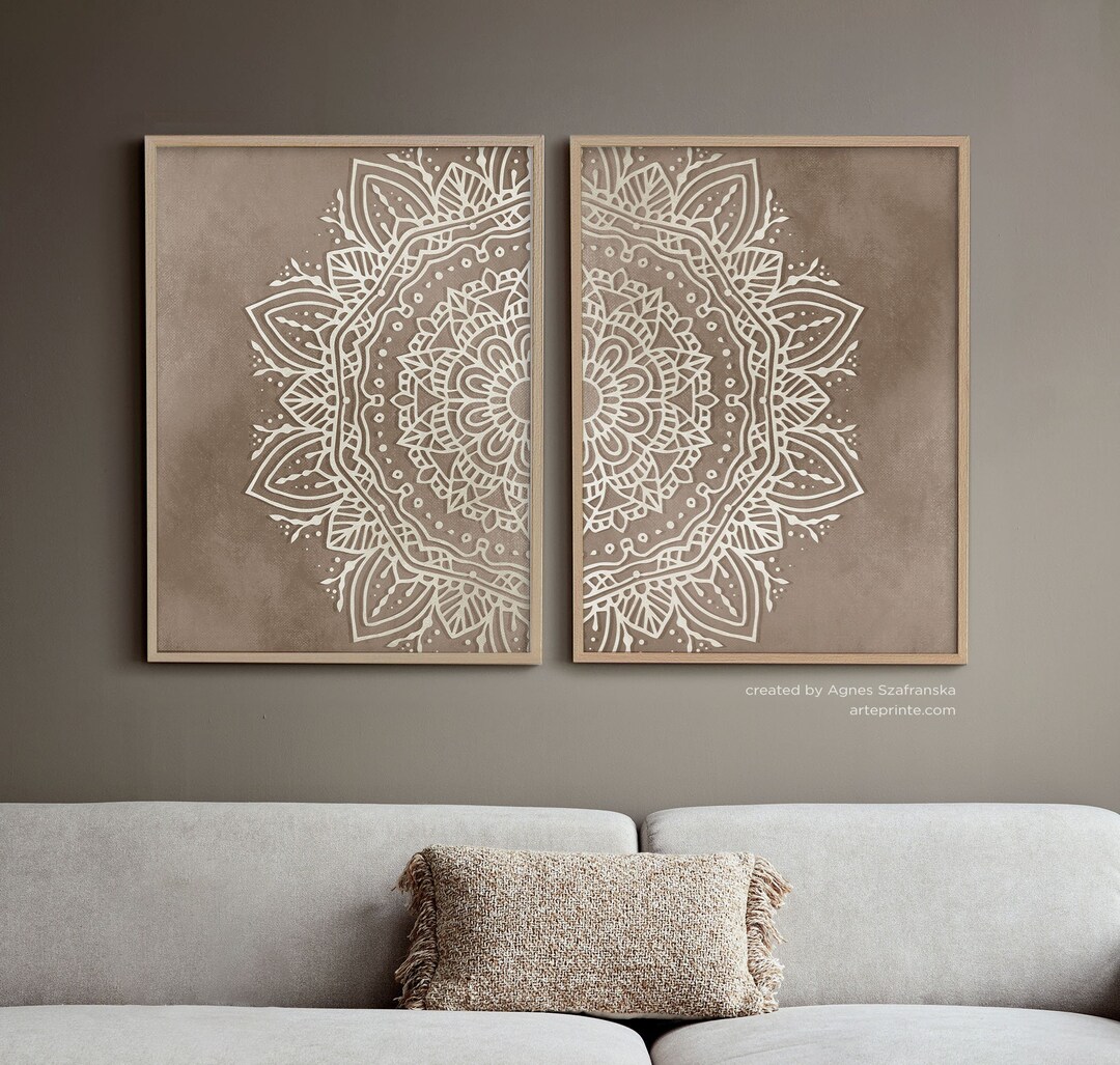 Beige Taupe Mandala Wall Art Set of 2 Prints Boho Bedroom - Etsy