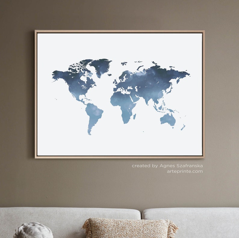 Navy Blue World Map Wall Art Modern World Map Wall Print Etsy
