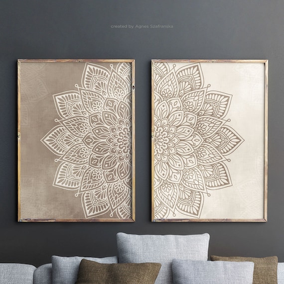 Quadri Su Tela Mandala Boho - Set Di 3, 30x40 Cm, Grigio Oro Beige, Per Camera O Soggiorno - Foto 12