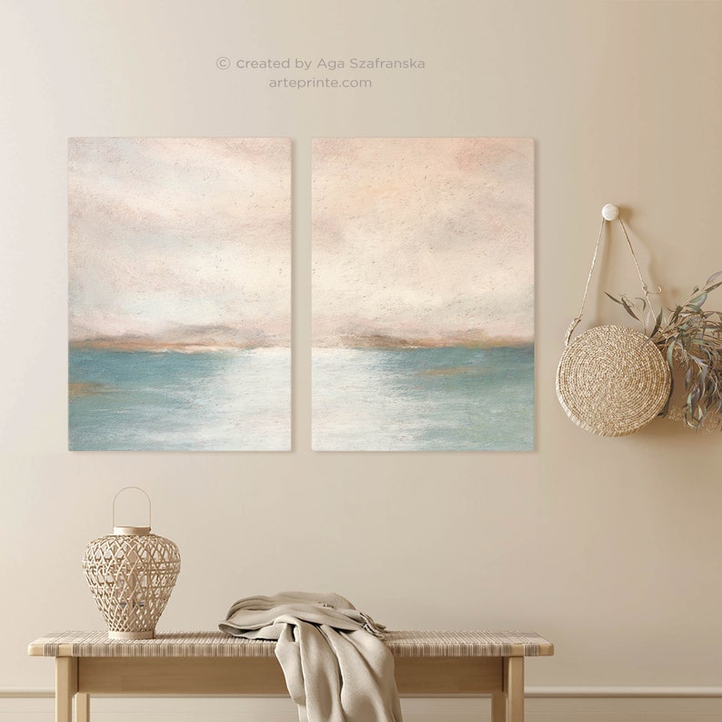 Abstract Painting Landscape, Set of 2 Art Prints COASTAL SUNSET Soft Pastel Painting Modern Contemporary 2 Panel Art, Printed Shipped zdjęcie 6