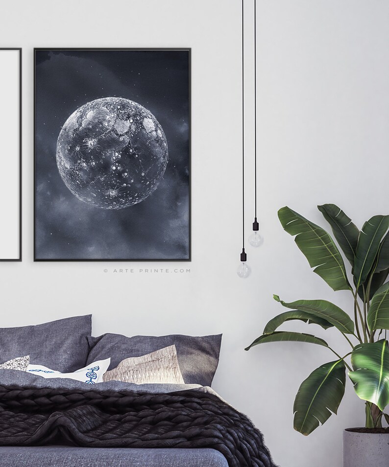 Moon Print Navy Blue Moon Wall Art Print Pencil Drawing Etsy