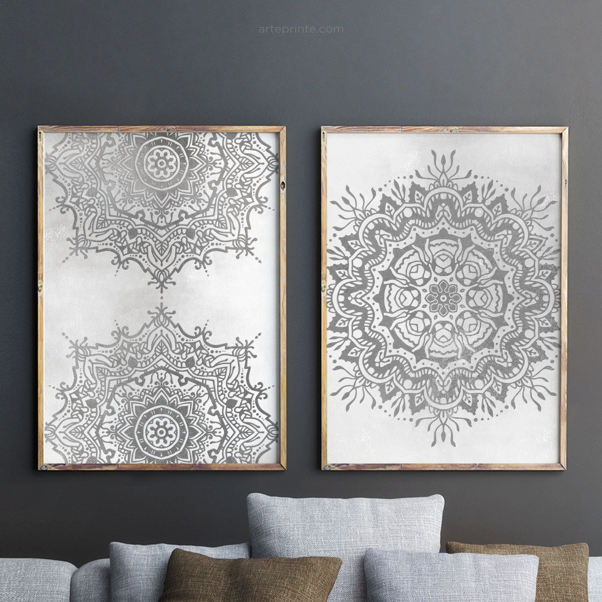 Gray Mandala Wall Art Set 2 Prints Minimalist Boho Rustic Decor, Indian ...