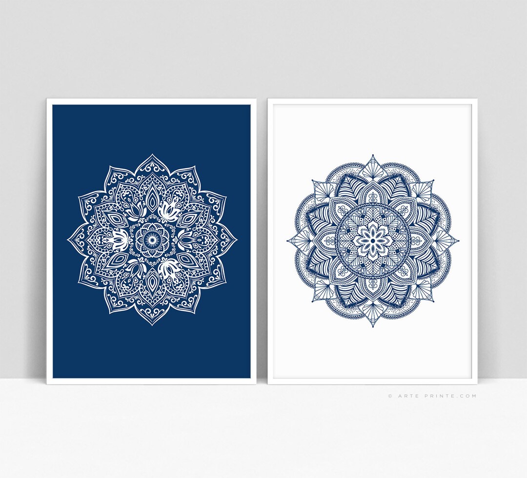 Navy Blue Mandala Wall Art, Set of 2 Prints, Yoga Zen Decor Motifs ...