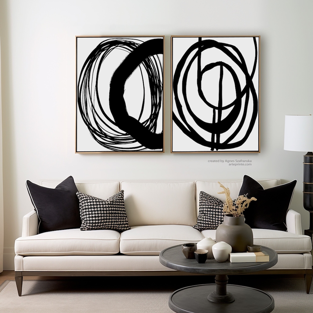 Set of 2 Black and White Abstract Art Prints, Minimalist Painting ...