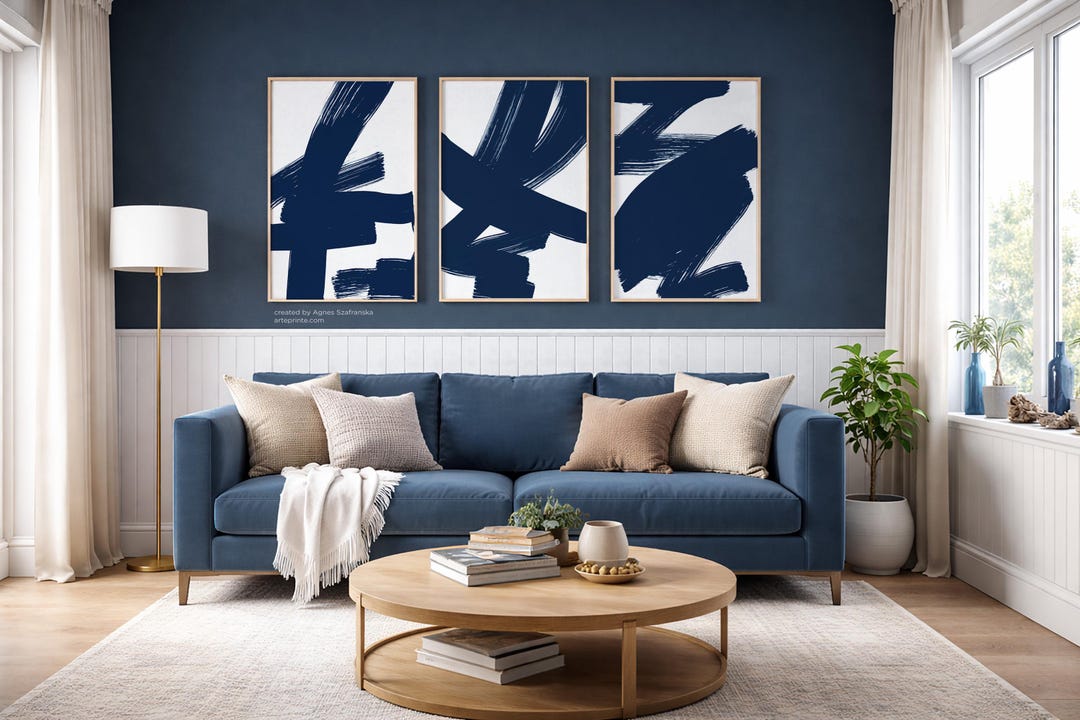 Navy Blue Abstract Lines Brushstrokes Art Set 3 Prints, Modern Living ...