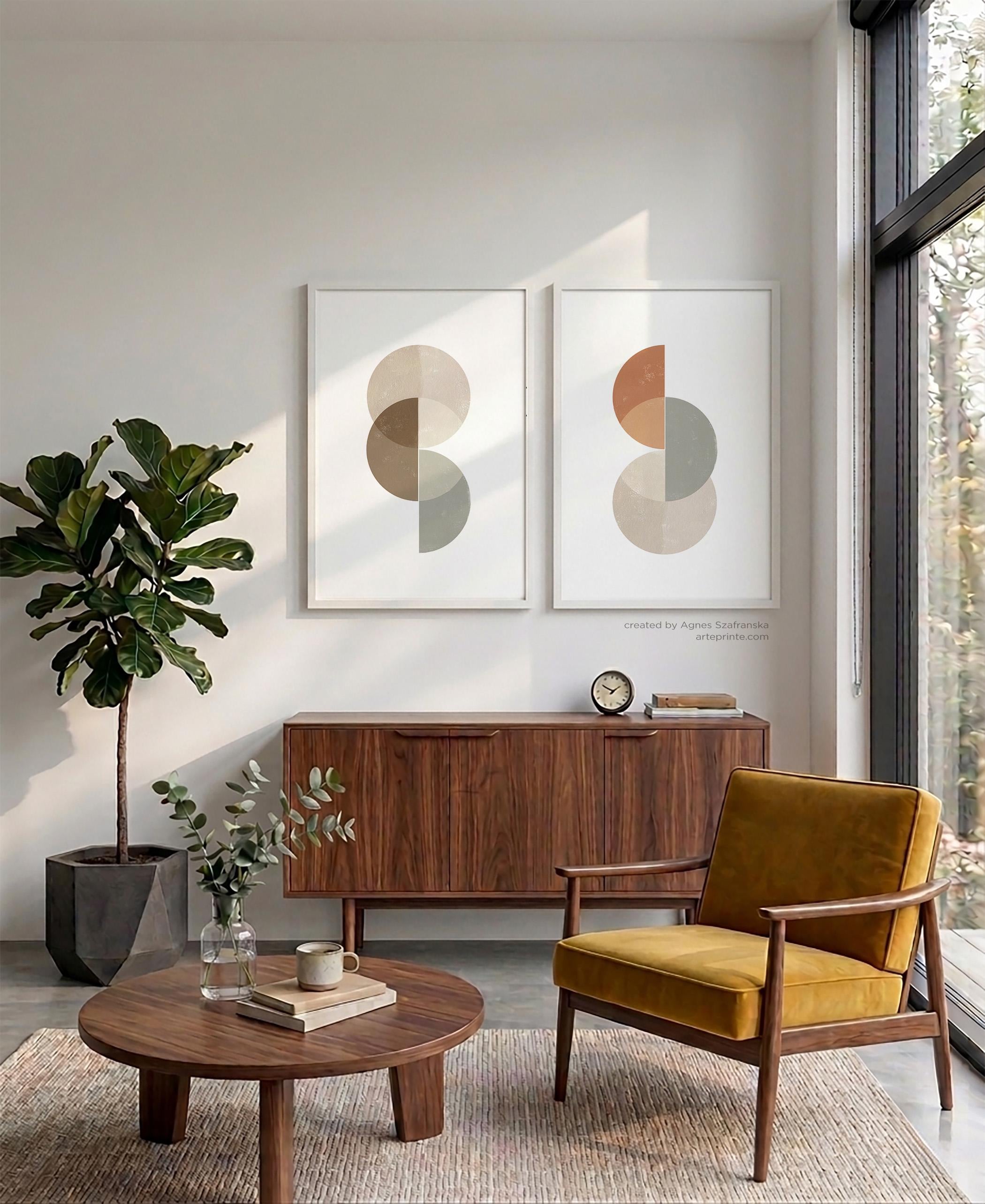Geometric Wall Art Mid Century Modern Prints Set of 2 Abstract Circles ...