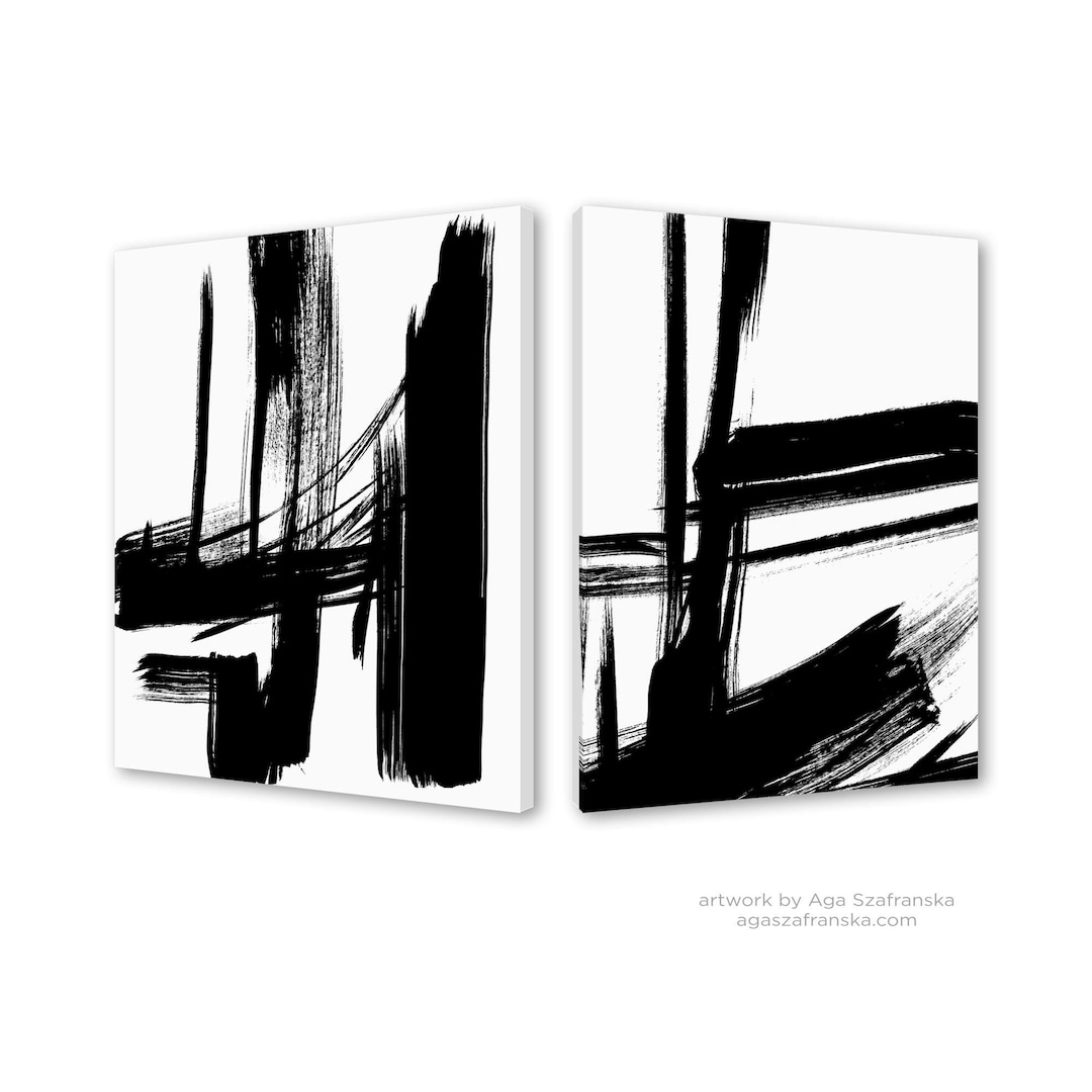 Black and White Abstract Canvas Prints Set of 2 Modern Minimalist Wall ...