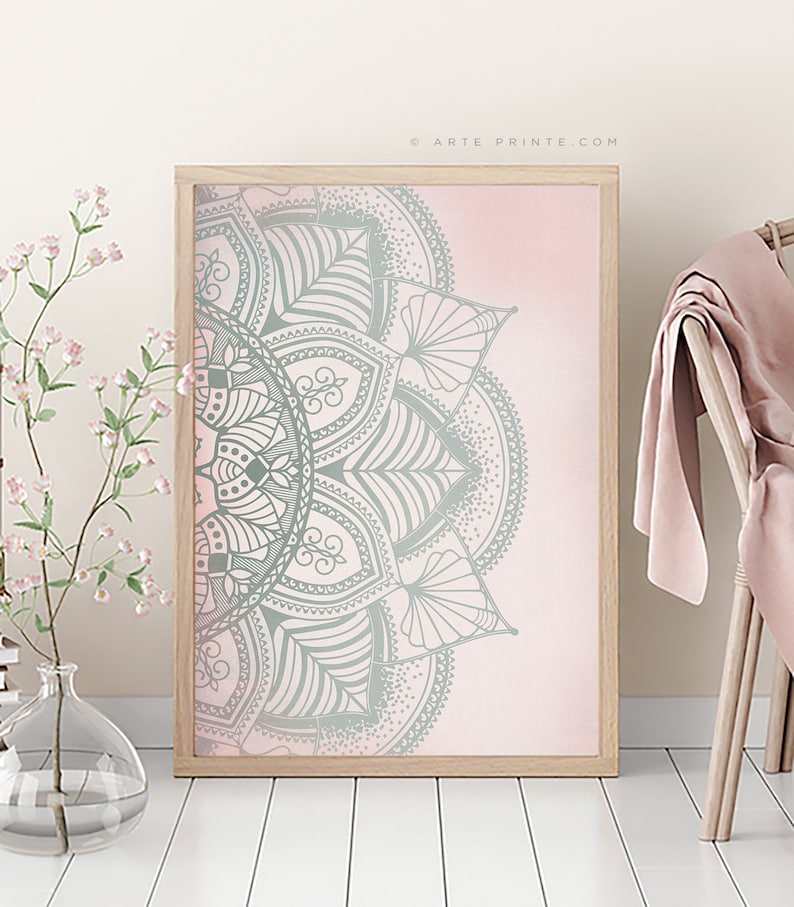 Boho Wall Art Blush Pink Mint Green Gray Mandala Art Print Bohemian Wall Decor Girl Bedroom Decor Yoga Art Large Poster Living Room Print