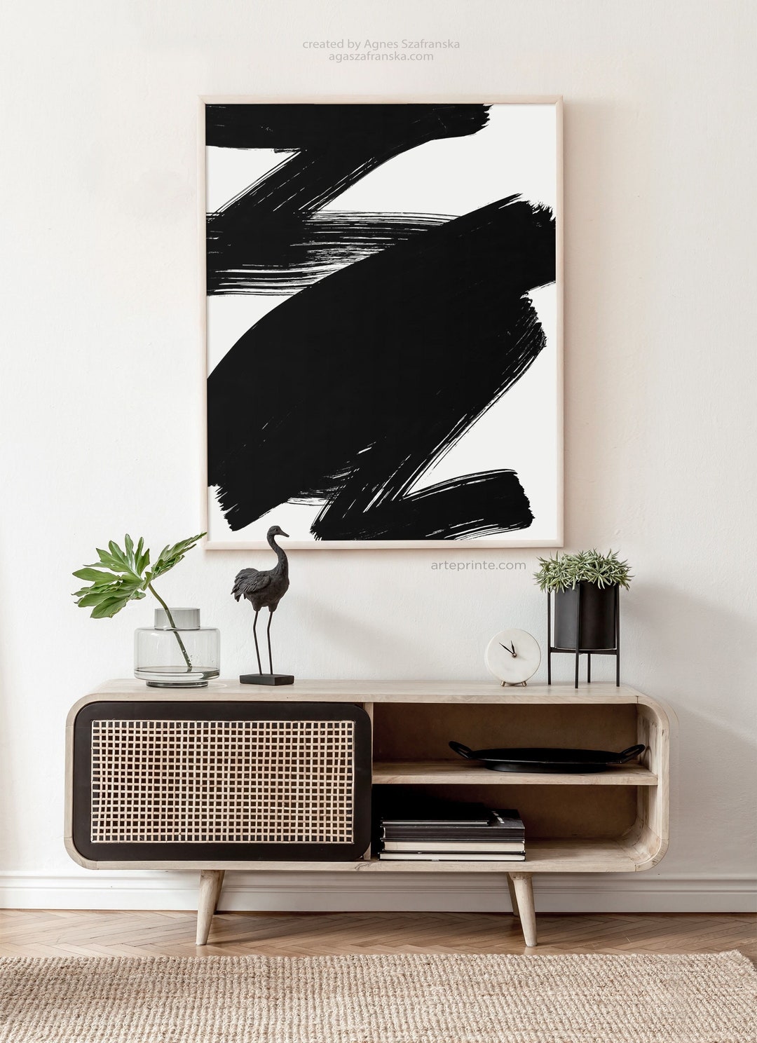 Abstract Art, Black Brush Strokes Print: Black and White Modern ...