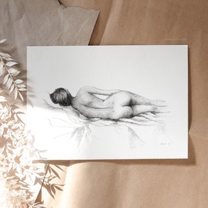 Dreams - Graphite Pencil Drawing Female Body, Minimalist Black White Art Print, Naked Woman Figure Sketch by Aga Szafranska, Printed Shipped