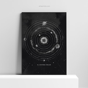 Impresión artística de pared de astronomía en blanco y negro, EL SISTEMA SOLAR, dibujo a lápiz de planetas, espacio y polvo de estrellas, sistema solar, póster de pared con impresión giclée.