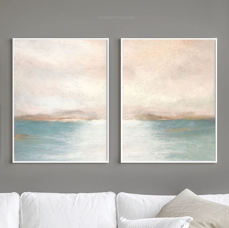 Abstract Painting Landscape, Set of 2 Art Prints COASTAL SUNSET Soft Pastel Painting Modern Contemporary 2 Panel Art, Printed Shipped zdjęcie 3