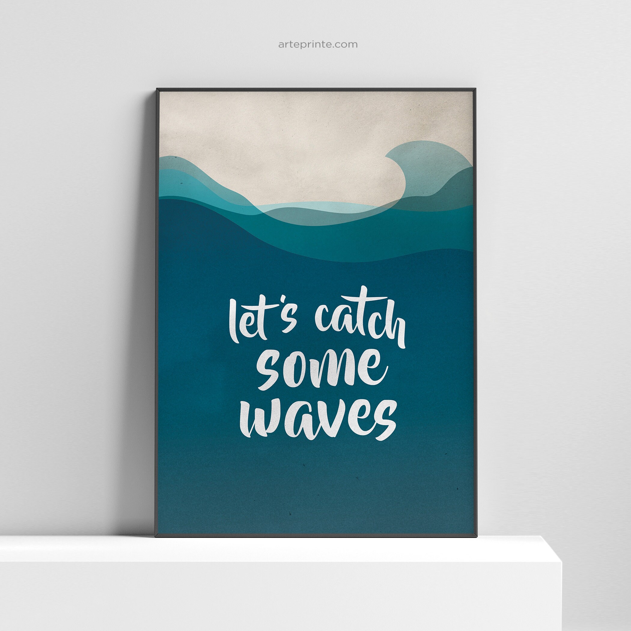 Let's Catch Some Waves Surf Quote Print Teal Beige Kids Etsy