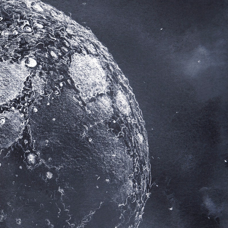 Moon Print Navy Blue Moon Wall Art Print Pencil Drawing Etsy