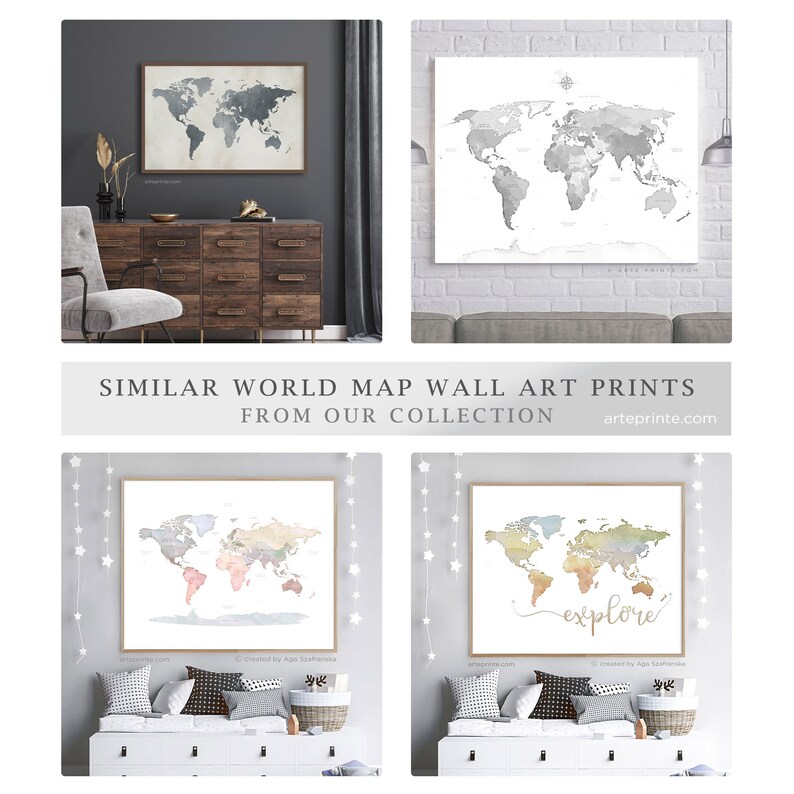 Navy Blue World Map Wall Art Modern World Map Wall Print Etsy