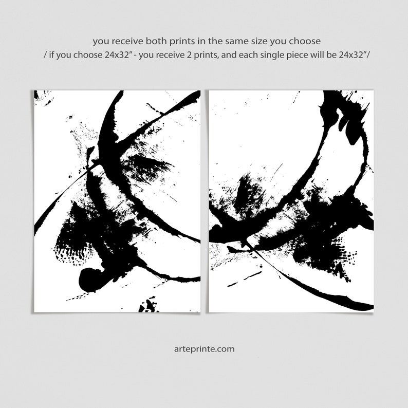 Black White Wall Art Minimalist Abstract Painting Set of 2 Etsy