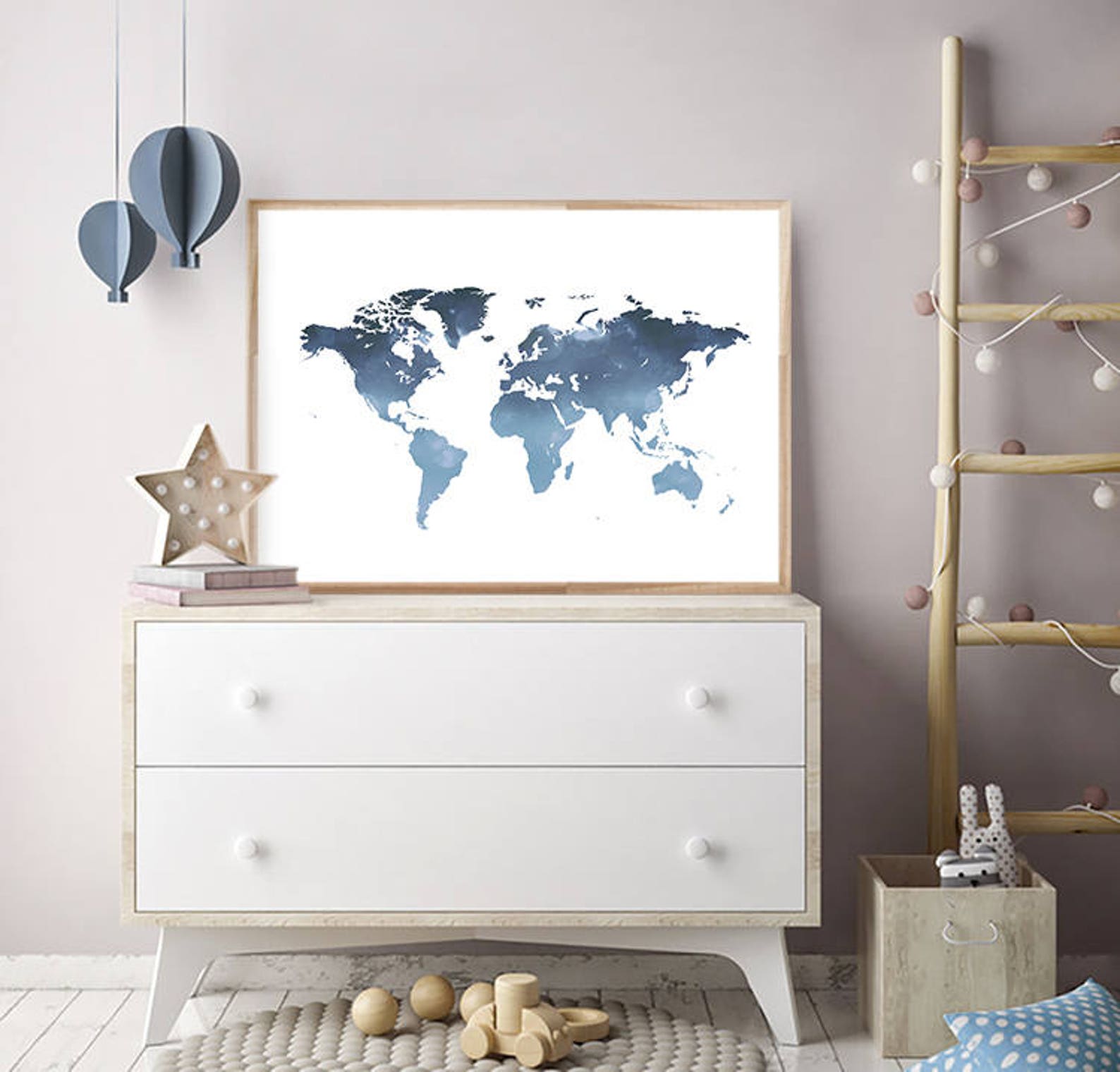 World Map Wall Art Navy Blue World Map Print Abstract Modern Etsy