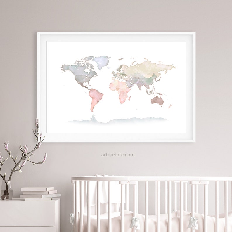 World Map Art Print Pastel Wall Art Baby Nursery Decor Etsy