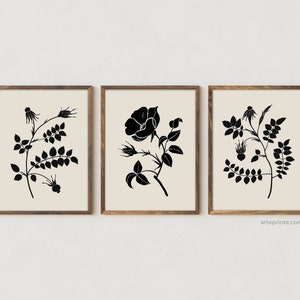 Flower Drawing, Set of 3 Prints, Creamy and Black, Floral Art Prints, Black Ink Drawing, Black Roses, Floral Illustrations, Printed Shipped