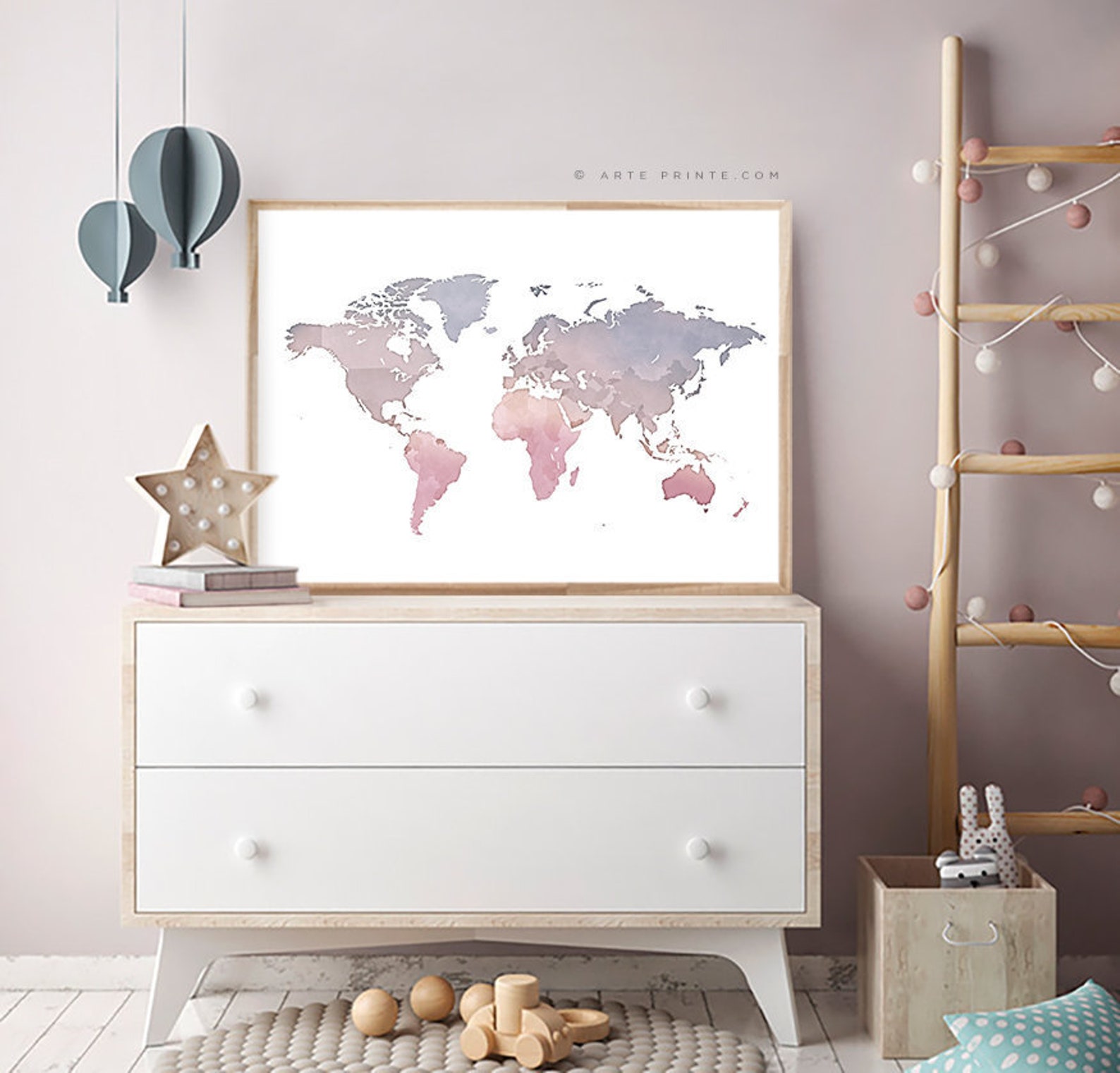 Baby Girl Nursery Decor World Map Wall Art Print Pink Violet Etsy