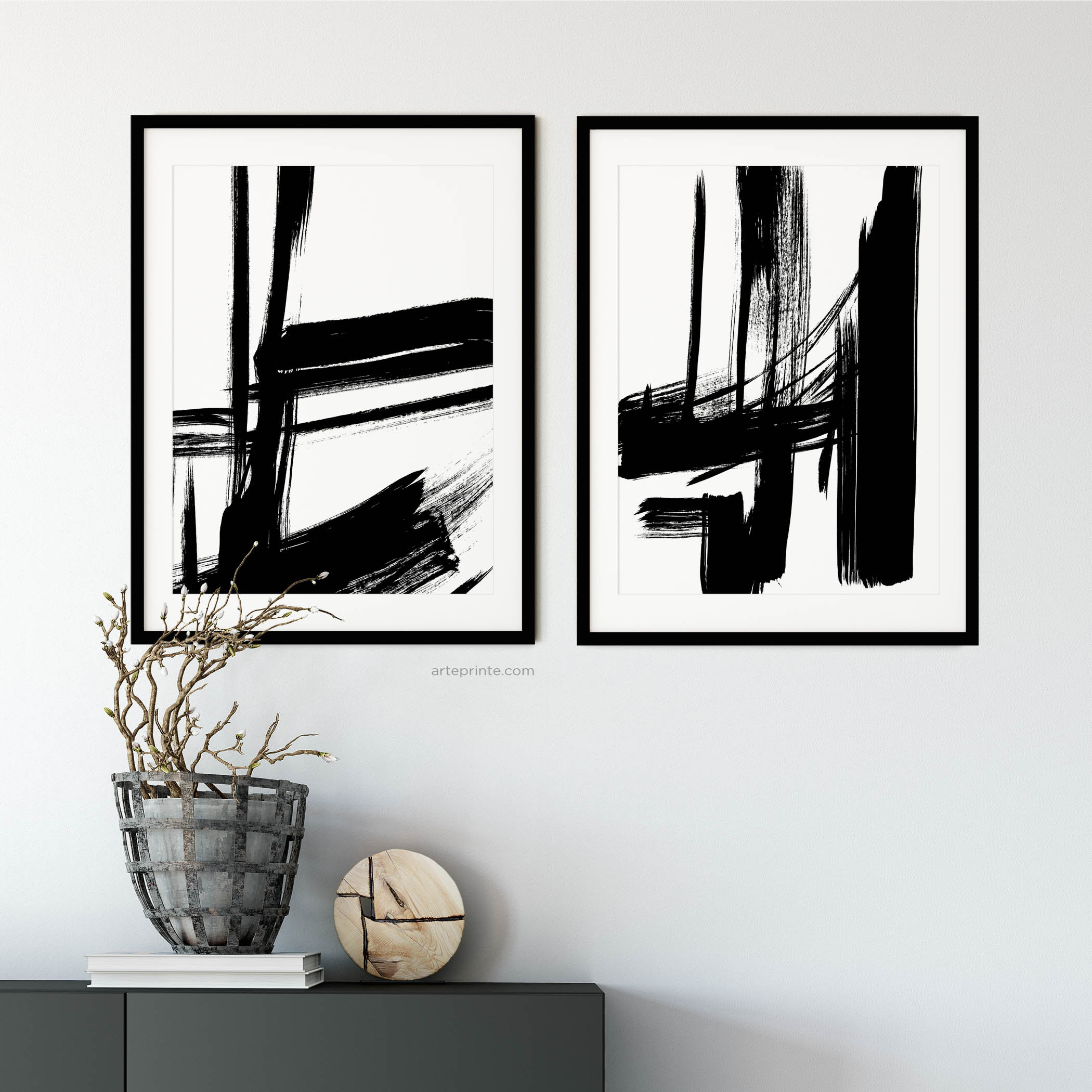 Brush Strokes Art Set of 2 Prints Black and White Abstract - Etsy