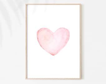 Pink Watercolor Painting Heart Wall Art, Pink Heart Art Print, Baby Girl Nursery Wall Decor, Poster Heart for Kids, Canvas or Unframed Print