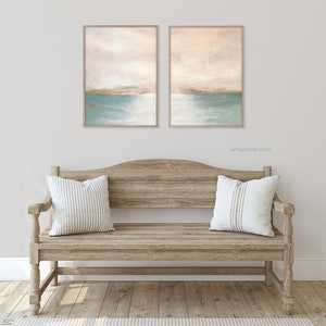 Abstract Painting Landscape, Set of 2 Art Prints COASTAL SUNSET Soft Pastel Painting Modern Contemporary 2 Panel Art, Printed Shipped zdjęcie 4