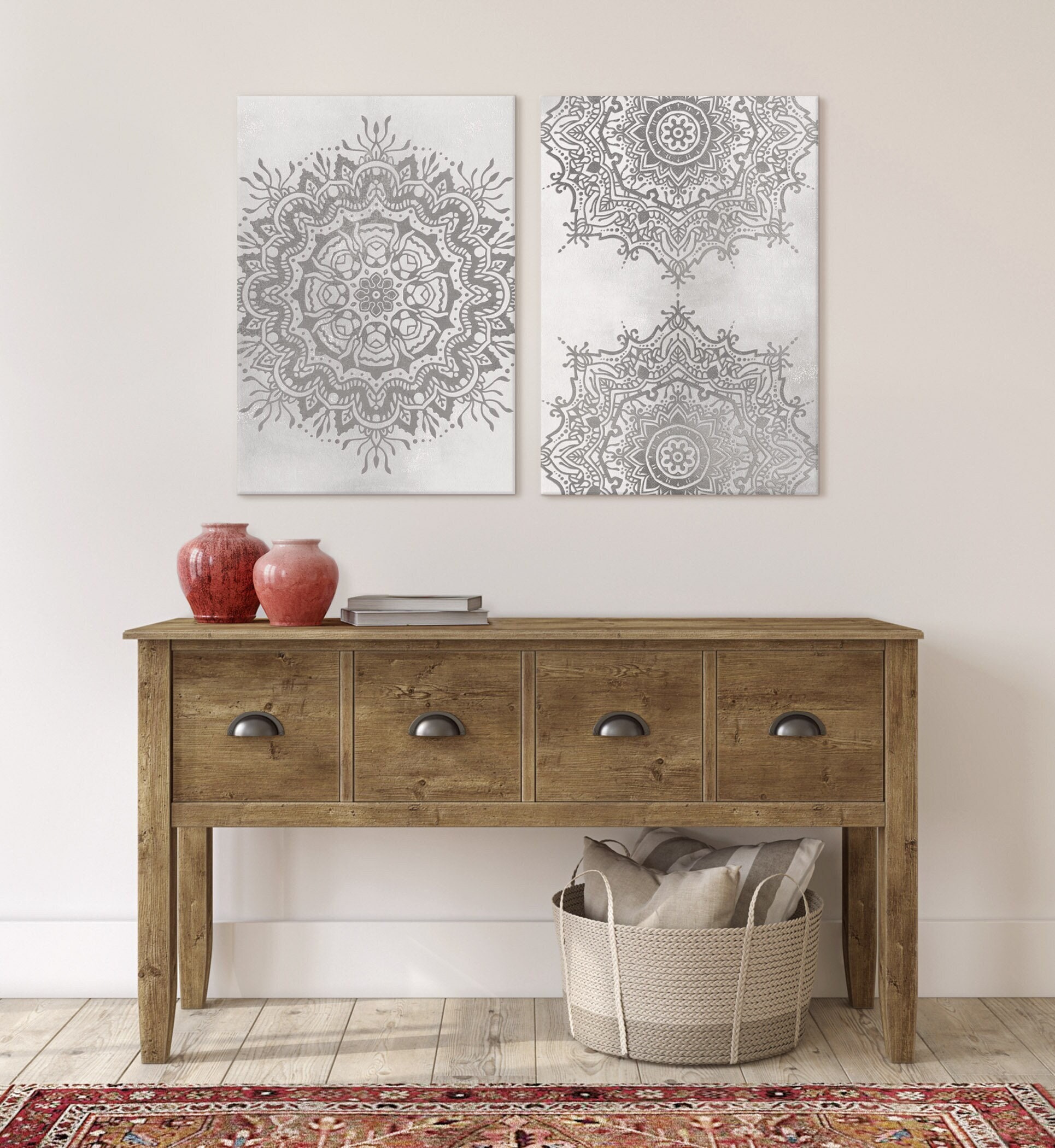 Gray Mandala Wall Art Set 2 Prints Minimalist Boho Rustic Decor, Indian ...