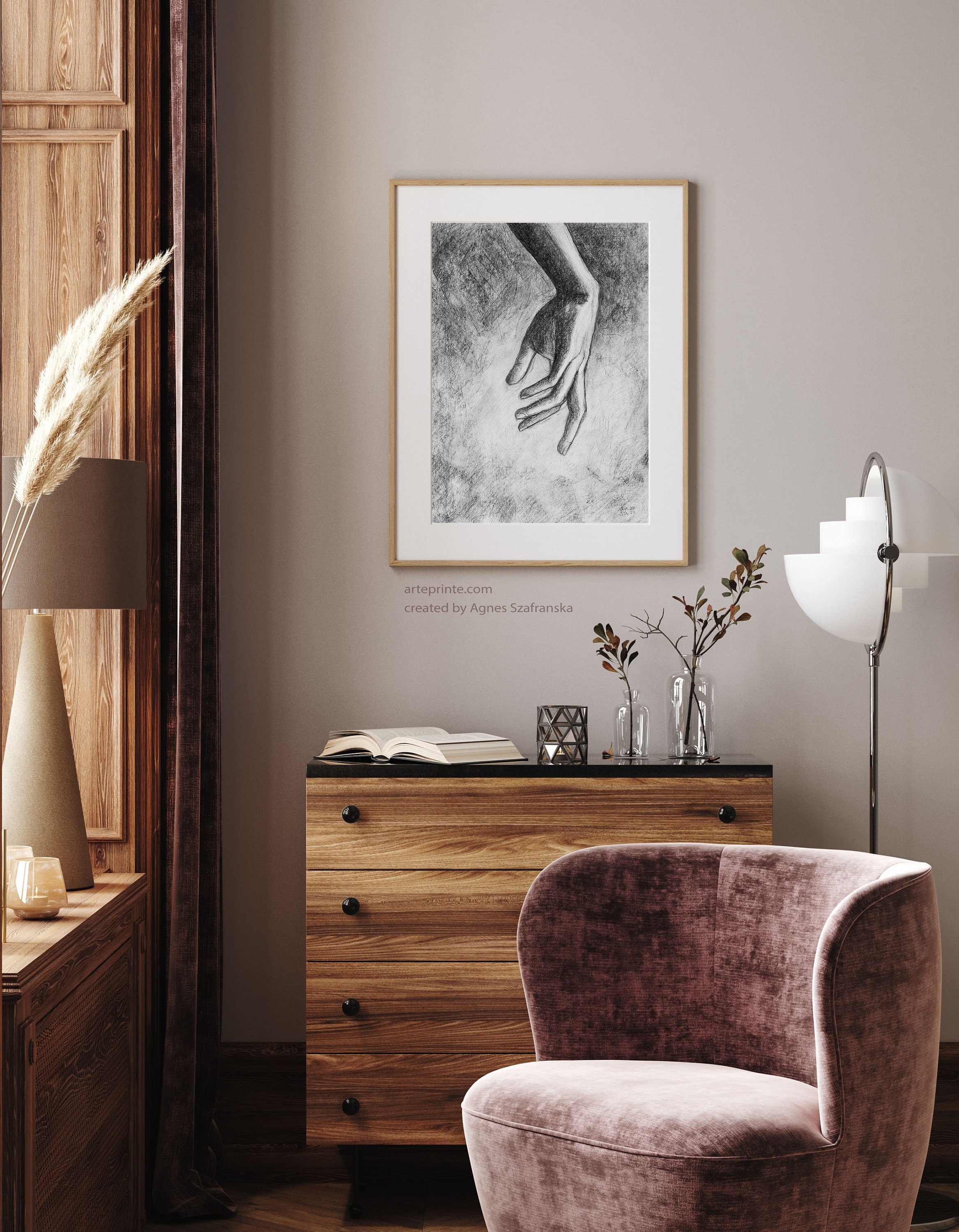 Hand - Charcoal Drawing Art Print: Black and White Contemporary Hand ...