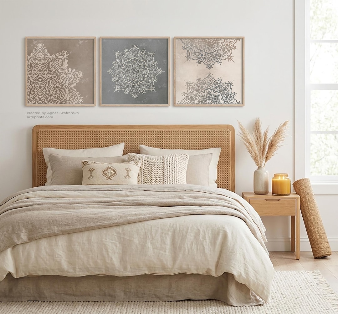 Mandala Wall Art Set 3 Square Prints Neutral Boho Home Decor - Giclee ...
