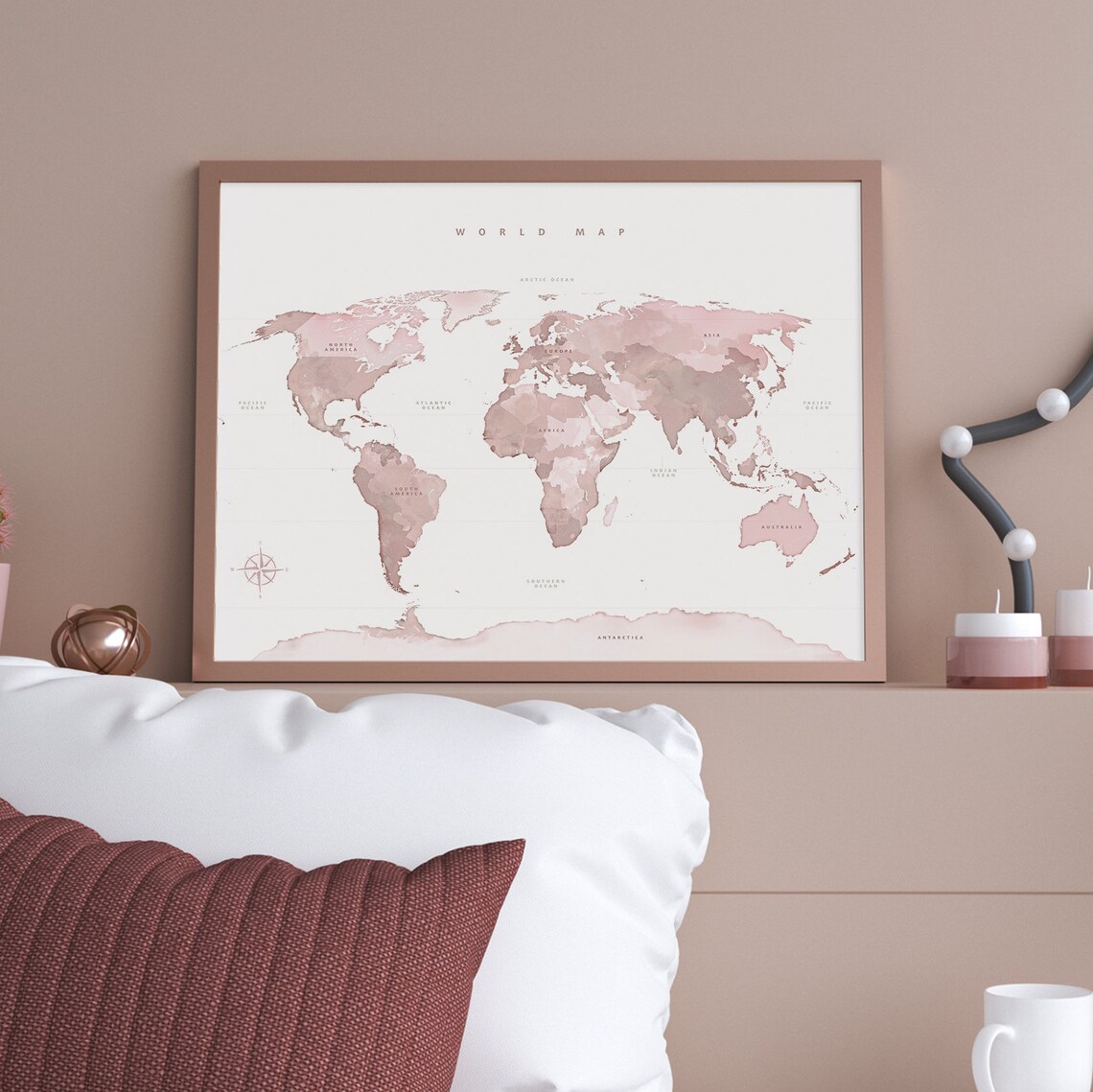 Blush Pink Watercolor World Map Wall Art Print Girl Nursery Kids Room ...