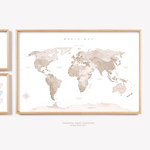 Beige World Map Wall Art, Home Decor Print, Neutral Map of the World, Baby Nursery Decor, Large Prints up to 40x60 inches, Printed Shipped
