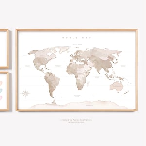 Neutral World Map Wall Art Print, Beige Watercolor Map of the world, Travel Map Poster - Nursery Decor - Giclee Prints | Aga Szafranska