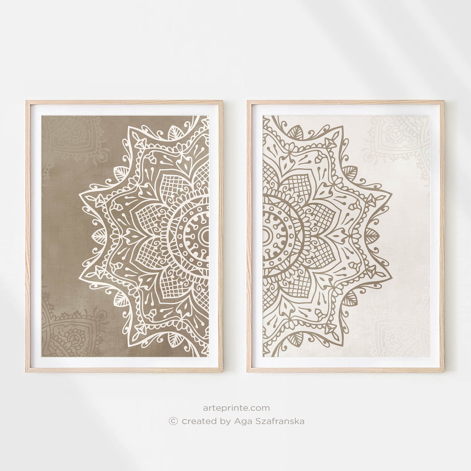 Boho Mandala Wall Art Set 2 Prints Neutral Beige Taupe Zen Bedroom ...