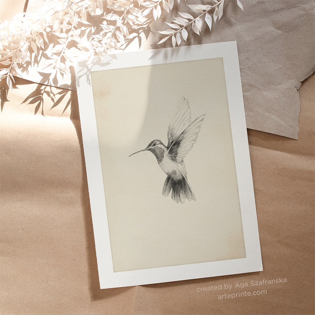 Hummingbird Graphite Drawing Vintage Sketch Print Minimalist Rustic Neutral Tone Nature Wall Art - Giclee
