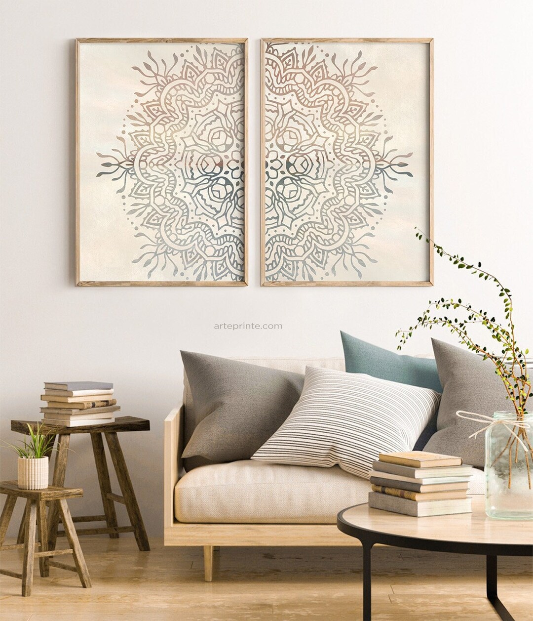 Boho Mandala Wall Art Set 2 Neutral Color Pair Prints: Zen Yoga Decor ...