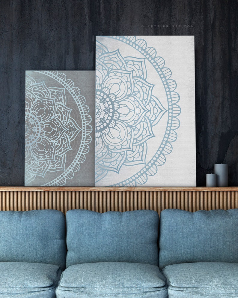 Gray Blue Mandala Wall Art Set of 2 Prints Printed Wall Art Etsy