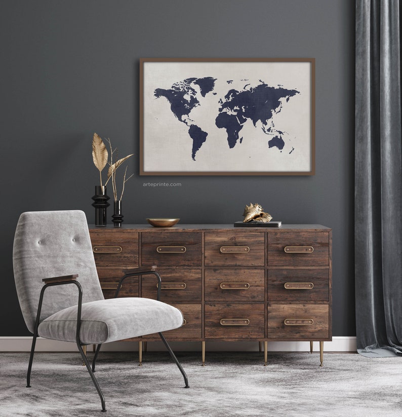 Navy Blue World Map Wall Art Minimalist Rustic Map Print Map Etsy