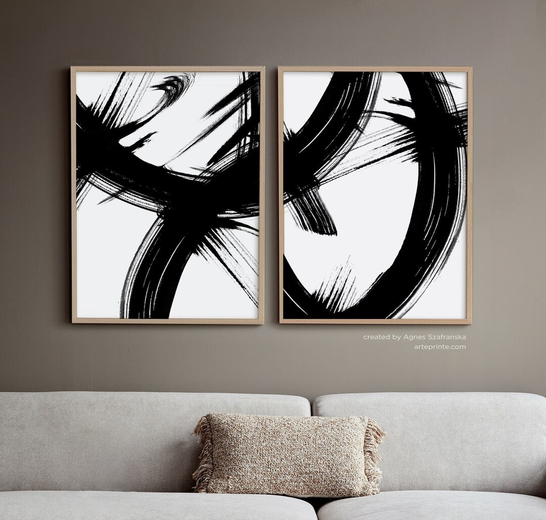 Black White Abstract Wall Art Set 2 Brush Strokes Prints, Minimalist ...