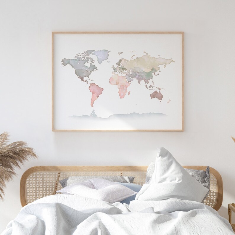 World Map Art Print Pastel Wall Art Baby Nursery Decor Etsy