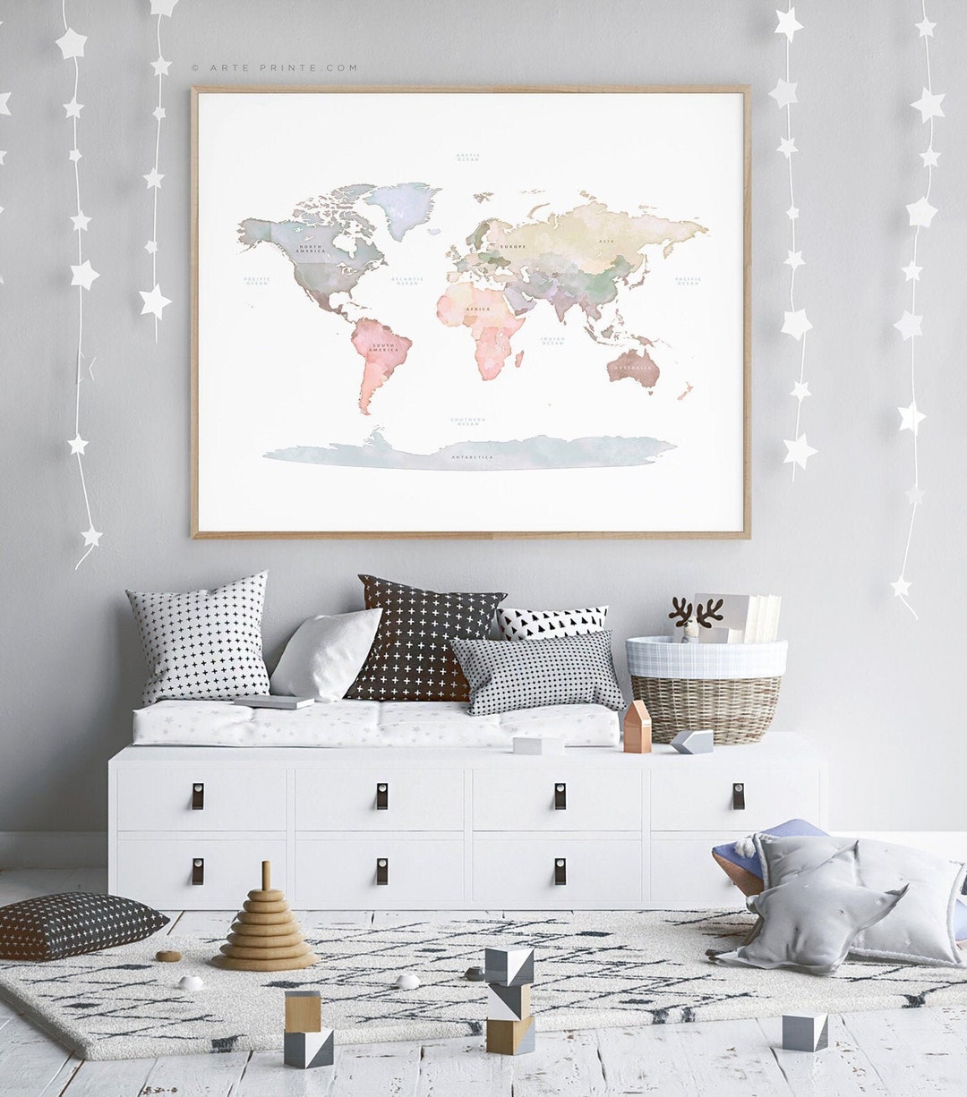 Pastel World Map With Continents Names, World Map, Wall Art, Art Print ...