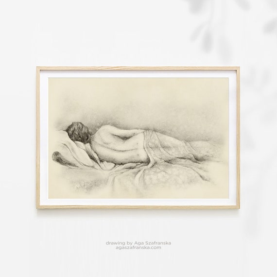 Sleeping Woman Charcoal Drawing, Minimalist Sensual Feminine Art Print – Giclee