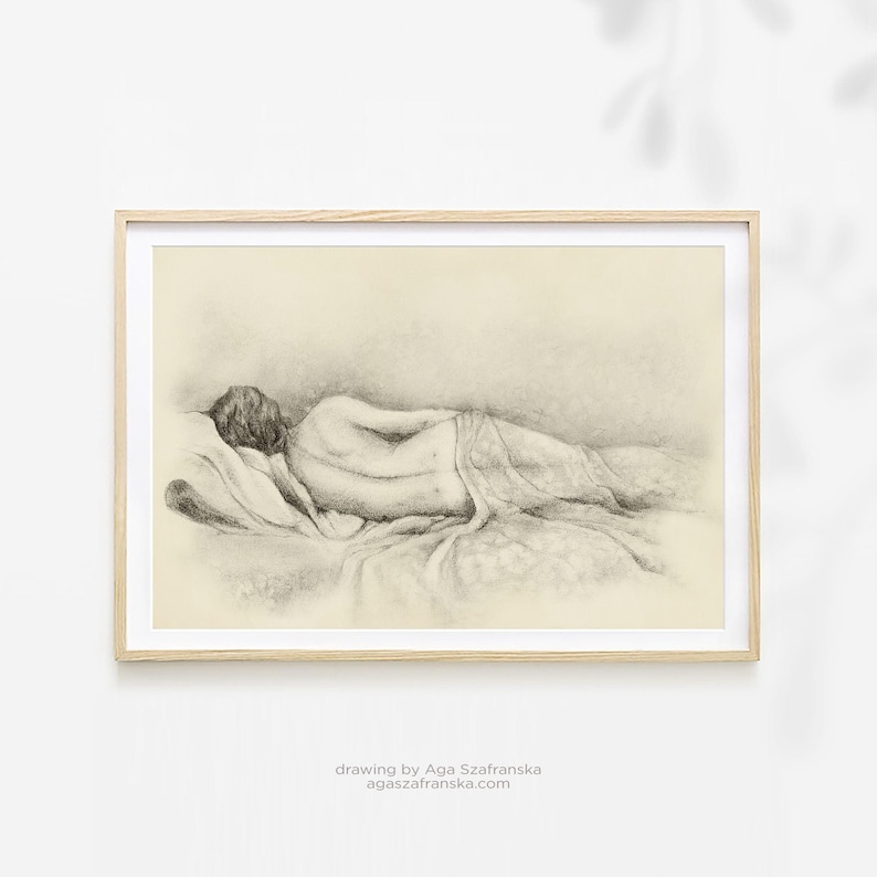 Charcoal and pencil drawing woman in a bed, cream and gray art print by Aga Szafranska.