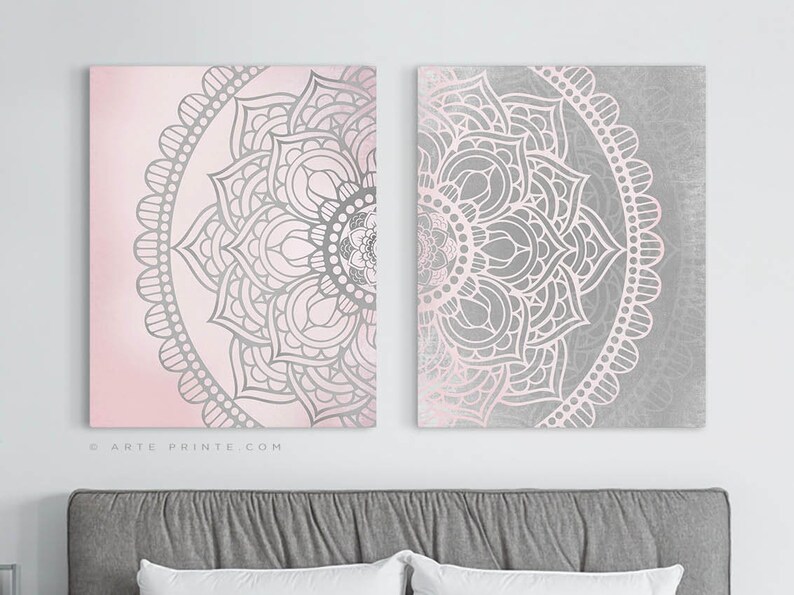 Blush Pink Gray Mandala Wall Art Set of 2 Prints Boho Living Etsy