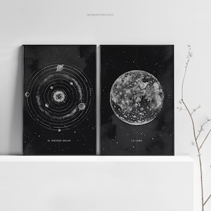 Mond und Sonnensystem, 2er-Set Prints, Schwarzweiße Wandkunst, Bleistiftzeichnung, Planeten, Sterne & Sternenstaub, Giclée Druck | Aga Szafranska