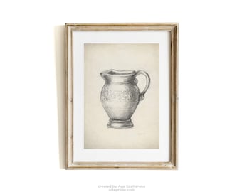 Antique Pitcher Graphite Drawing Print Vintage Pencil Sketch Rustic Style Decor - Giclee
